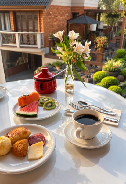Café da manhã servido com vista para os jardins